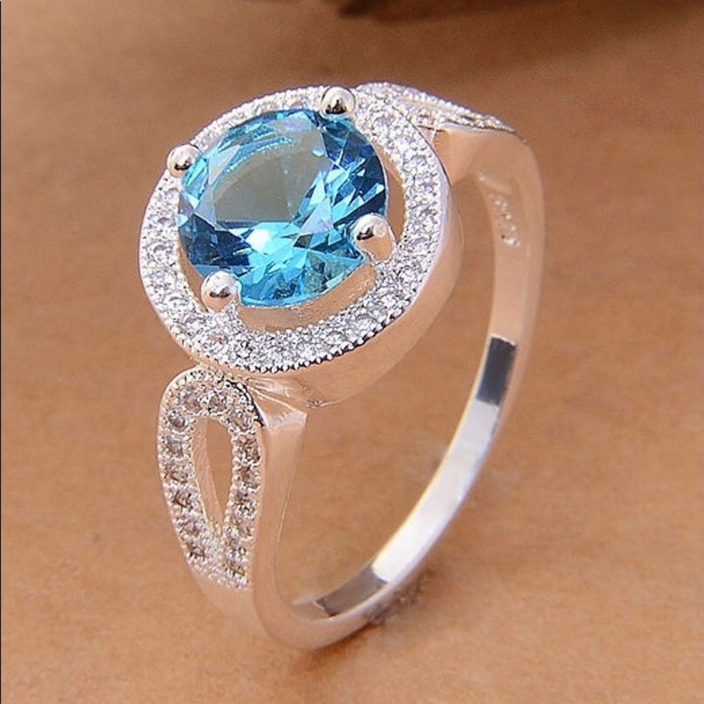 925 Silver Round Cut Aquamarine & White Topaz Ring